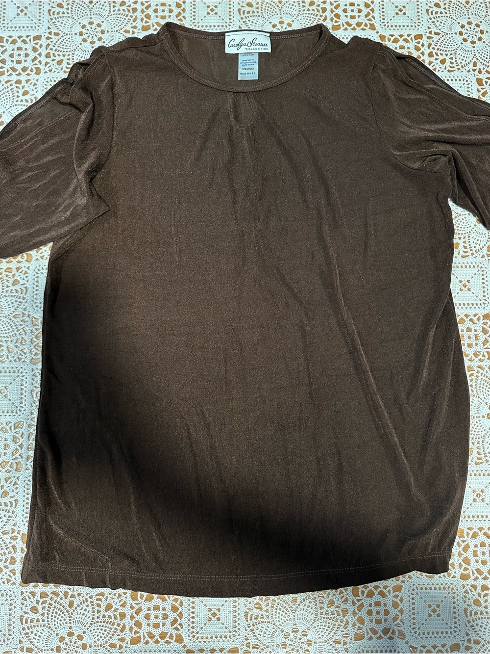 Carolyn Strauss Collection Brown Shimmer Puff Sleeve Top Made in USA Women’s M